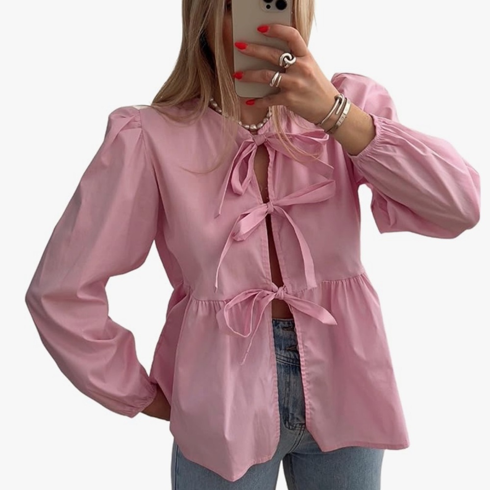 Pink Bow Tie Front Babydoll Blouse Long Sleeve Peplum Ruffle Hem